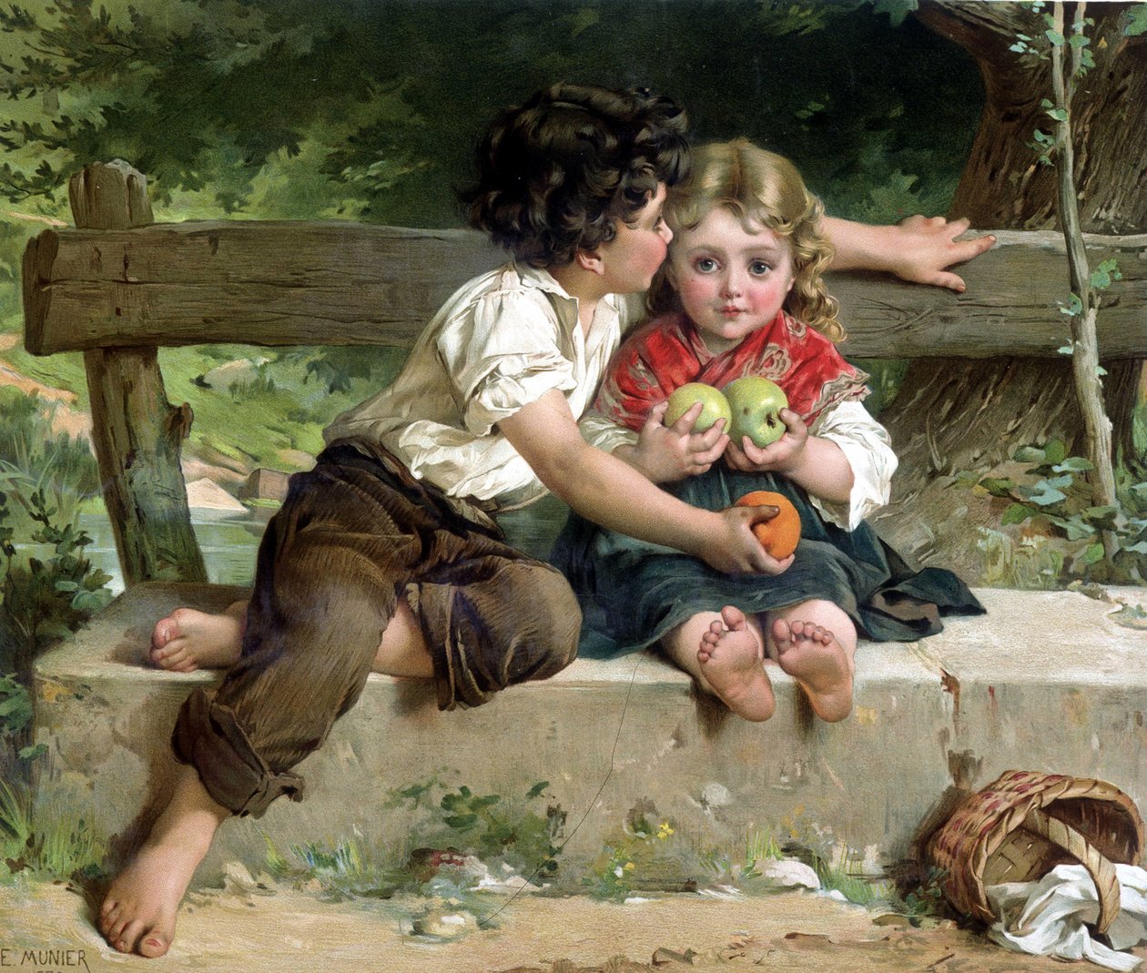 Boyboy kysser flickan och ger henne äpplen, enligt E. Munier av Émile (after) Munier