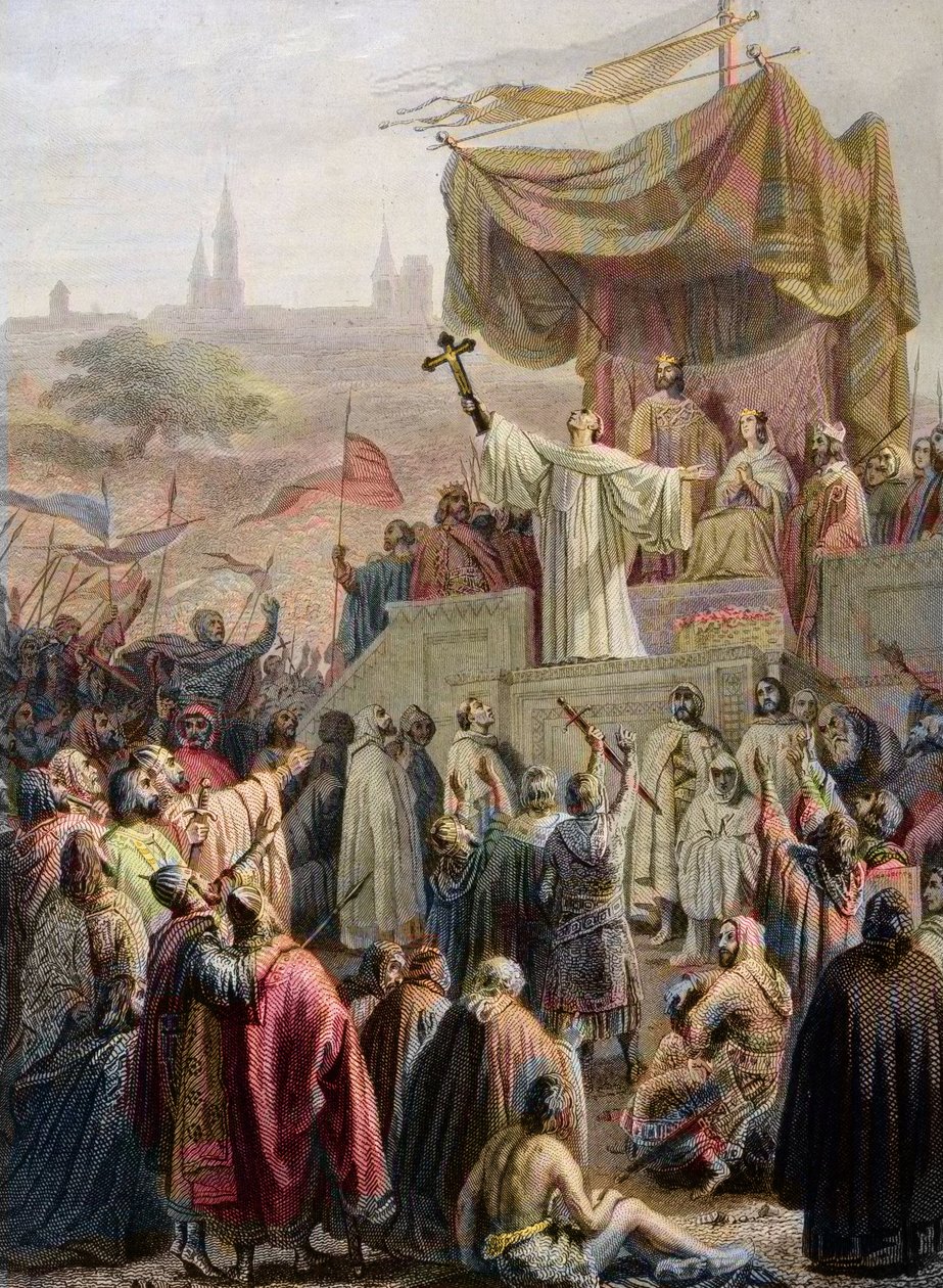 S:t Bernard av Clairvaux predikar det andra korståget i Vézelay, 31 mars 1146 - gravyr efter Emile Signol - Saint-Bernard de Clairvaux (San Bernardo di Chiaravalle) predikar det andra korståget i närvaro av kung Ludvig VII och drottning Alienor av av Emile (after) Signol