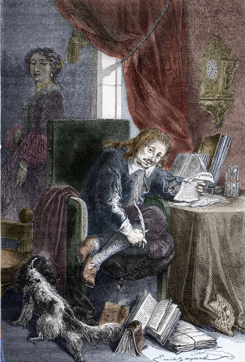 Porträtt av den franske författaren Paul Scarron (1610-1660) författare till burleska komedier, han är representerad på en invalid stol, hans fru Francoise d