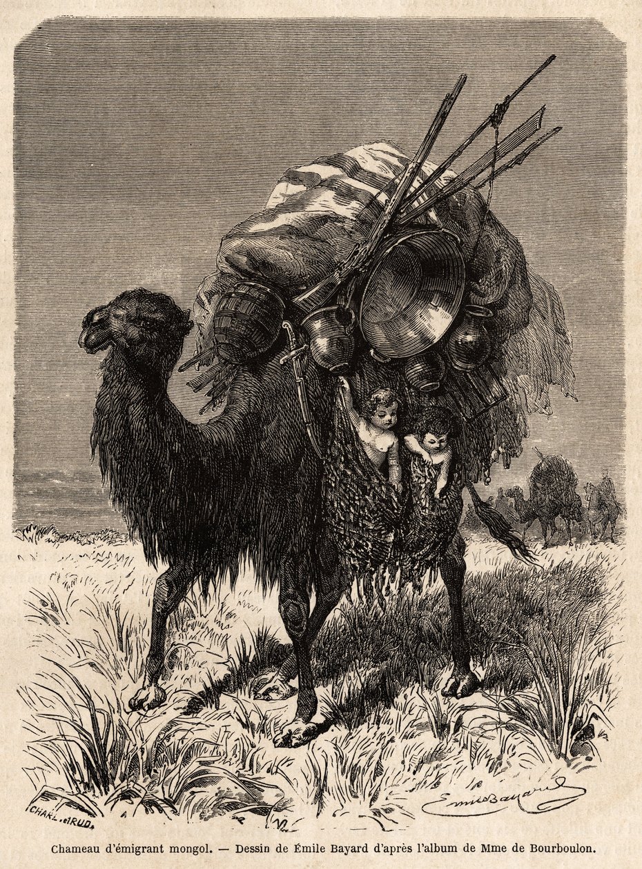 En mongolisk emigrantkamel som bär proviant, olika redskap, mattor, filtar och trä från tältramen, samt små barn i hängande korgar. Teckning av Emile Bayard (1837-1891), för att illustrera Shanghais resa till Moskva, från 1859 t. av Emile Antoine Bayard