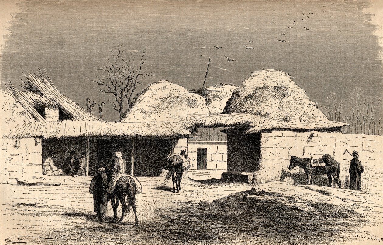 En karavanserai i Tasjkent, Uzbekistan, illustration från 