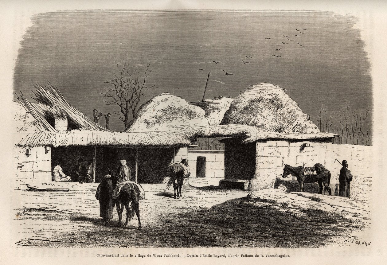 En husvagnsräls i byn Old Tashkent (eller Tashkend), huvudstad i ryska Turkestan, graverad efter en teckning av Emile Bayard, för att illustrera Basile Vereschagins resa till Centralasien 1867-1868, publicerad i "Le tour du monde" 1873, redigerad Hejdå av Emile Antoine Bayard