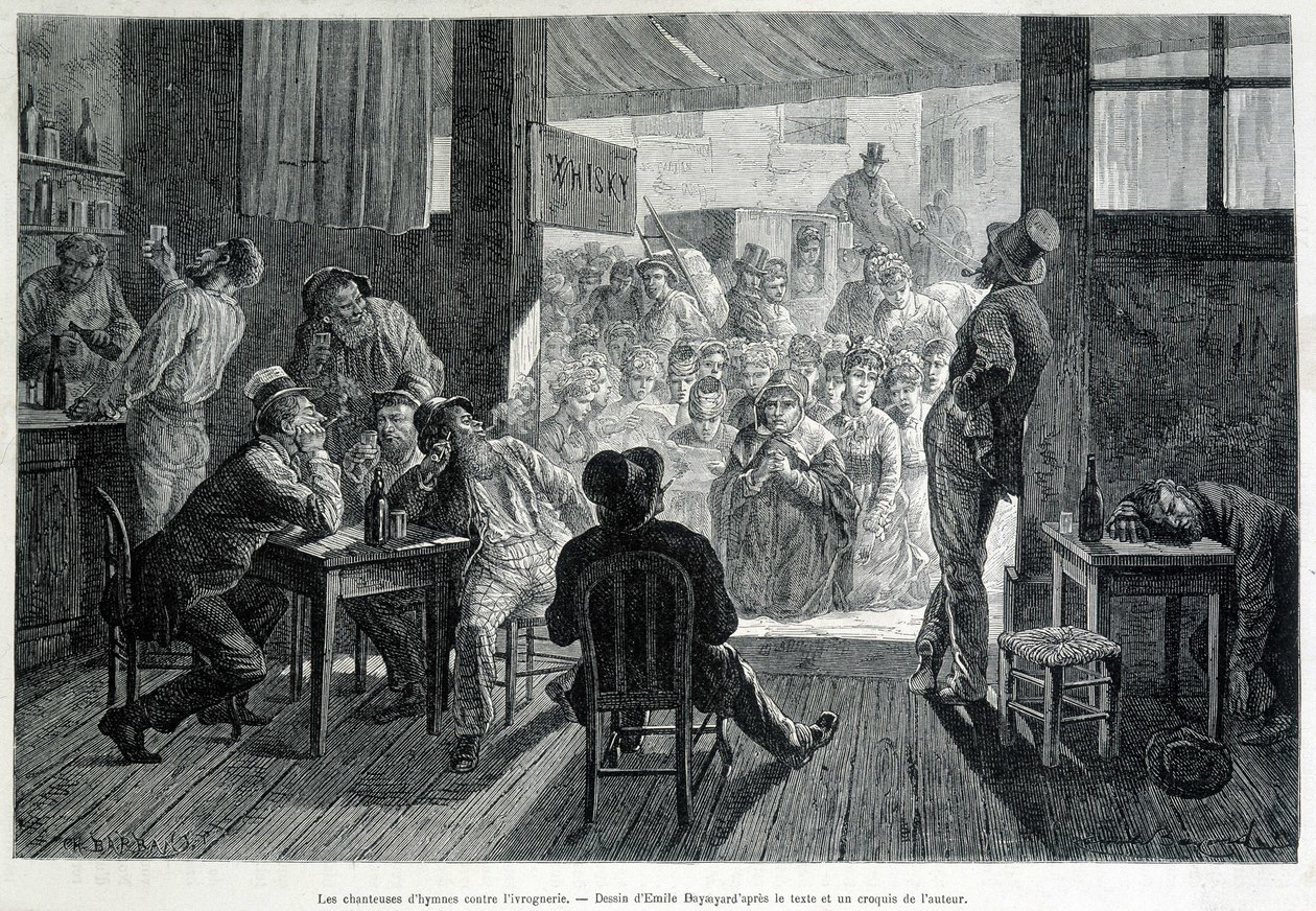En grupp kvinnor framför en bar, förbjudna för kvinnor, sjunger psalmer till fyllon mot alkoholism av Emile Antoine Bayard