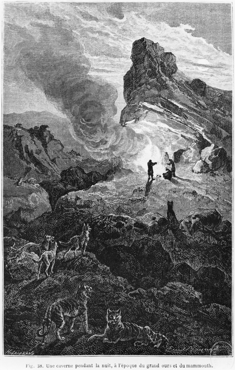 En förhistorisk grotta på natten, illustration från 