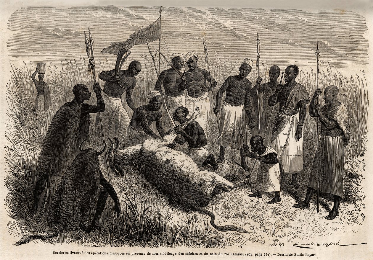 En trollkarl ägnar sig åt magiska operationer på ett slaktat nötkött i Uganda, teckning av Emile Bayard (1837-1891), som illustrerar kapten Spekes upptäcktsresa i Afrika från 1860 till 1863. Gravyr i "" Le tour du monde"", redigerad av Edouard Charton av Emile Antoine Bayard