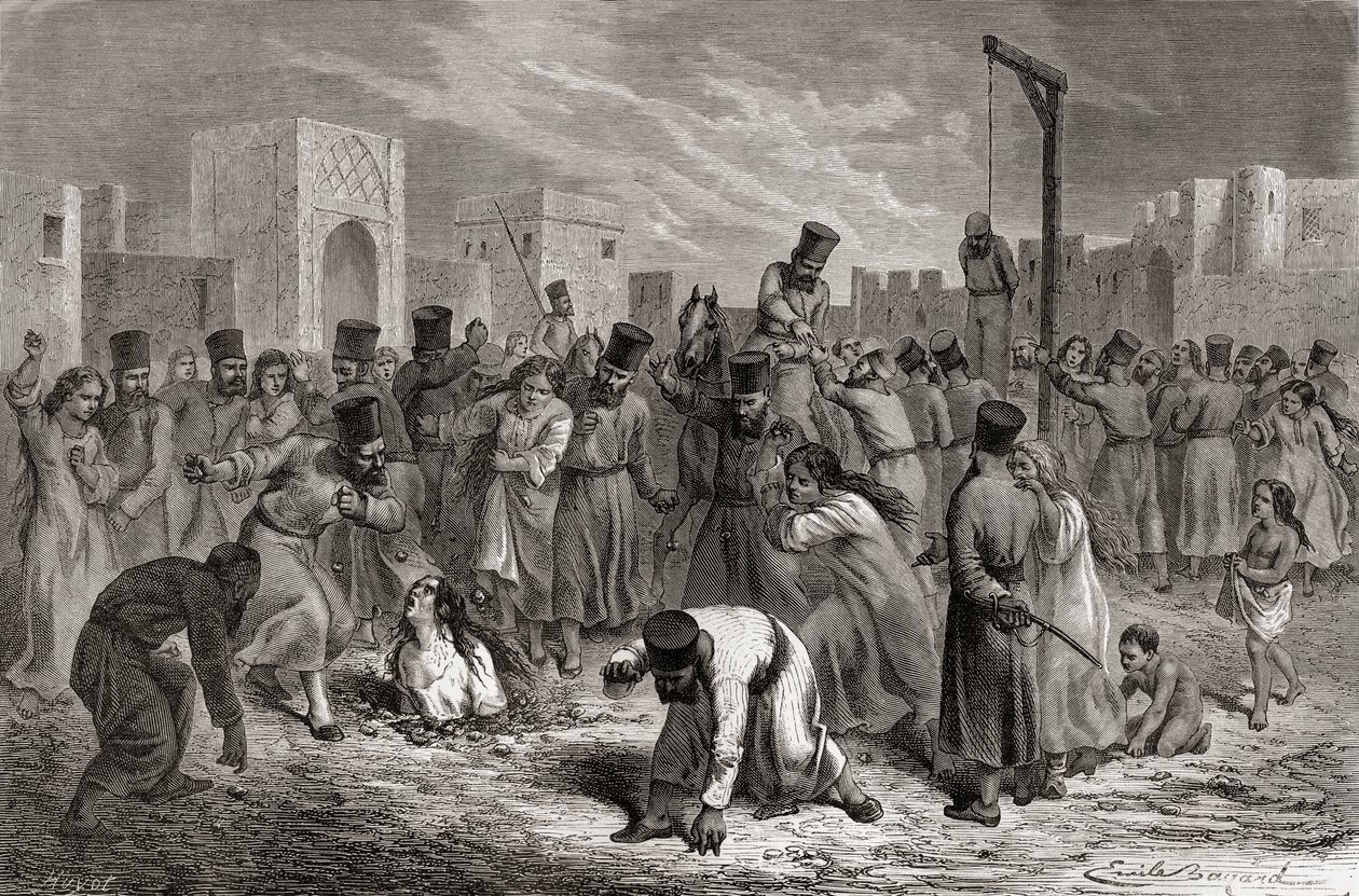Äktenskapsbrytare som stenas och hängs i Turkiet, illustration från 