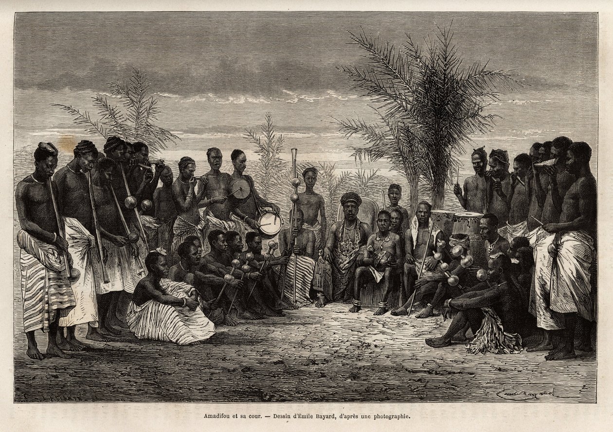 Amadifou, kung av Assinie (Comptoir francais de Elfenbenskusten) omger sitt hov och sina musiker, cirka 1868, gravyr efter teckningen av Emile Bayard, som illustrerar resan till Côte d