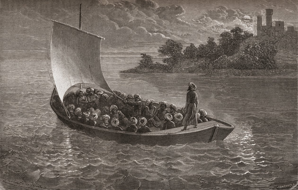 Arminio Vambery och hans följeslagare som navigerade Kaspiska havet 1863, illustration från 