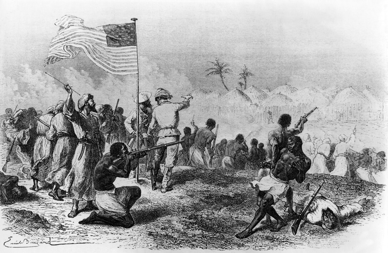Zimbisos attack i sökandet efter Livingstone 1871-1872 (teckning) av Emile Antoine Bayard