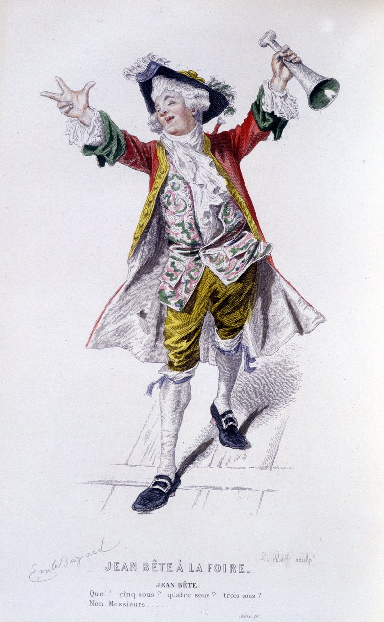 , Komplett verk av Beaumarchais (1732-1799) av Edouard Fournier. teckning av Emile Bayard. Ed. Laplace, Sanchez et Cie, Paris 1876. Det här är Jean Beast i "" Jean Beast at the Fair"" av Emile Antoine Bayard