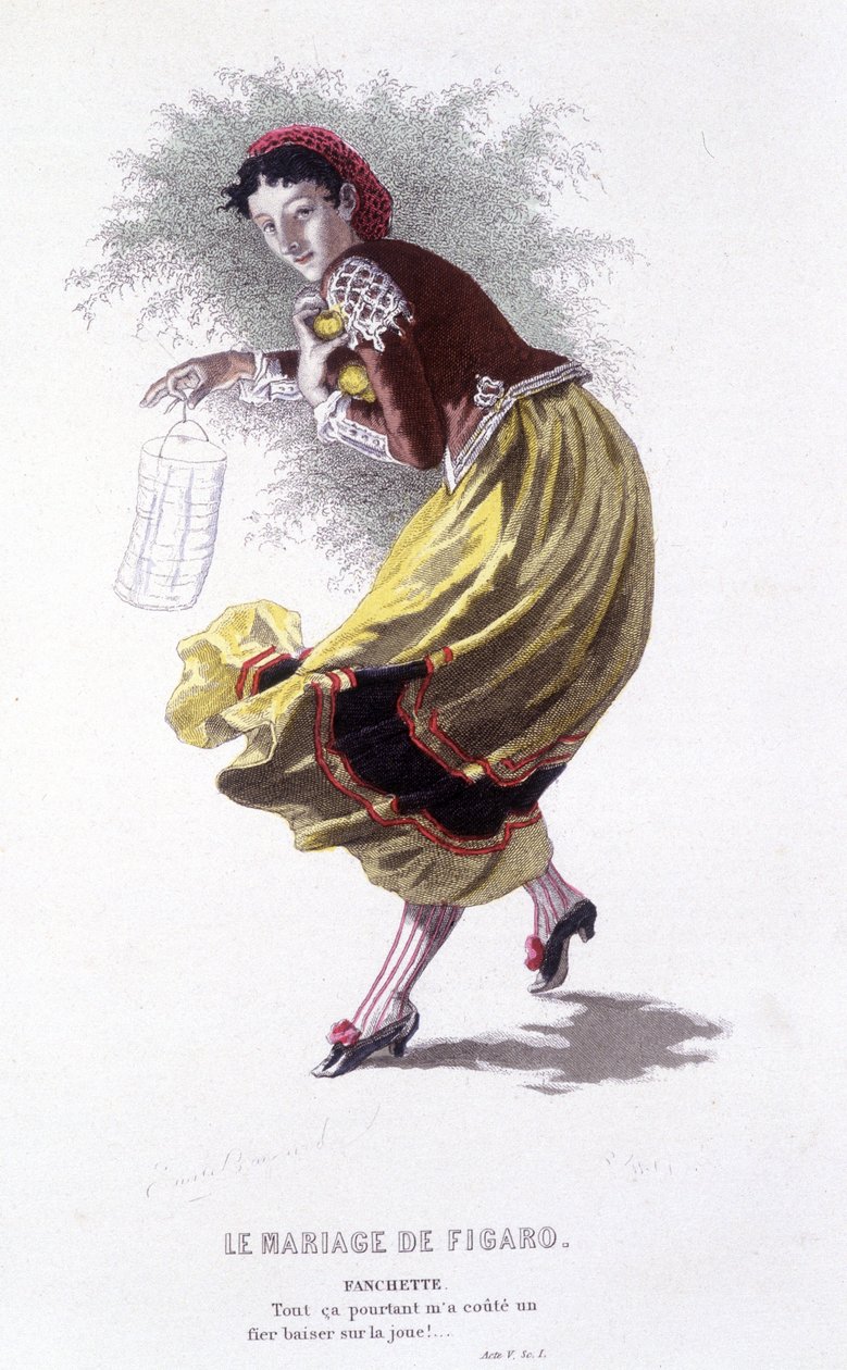 Komplett verk av Beaumarchais (1732-1799) av Edouard Fournier. teckning av Emile Bayard. Ed. Laplace, Sanchez et Cie, Paris 1876. Det här är Fanchette i "Figaros bröllop" av Emile Antoine Bayard