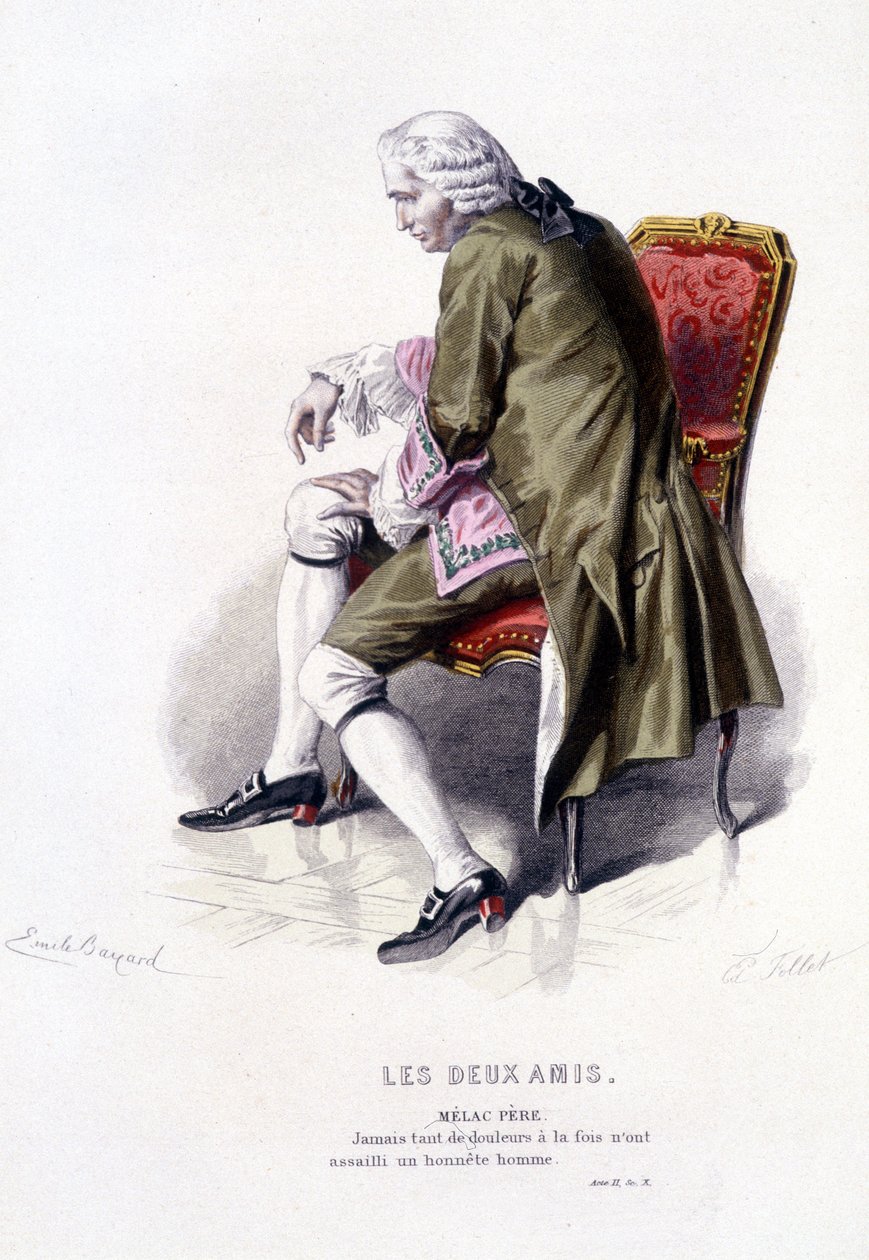 Komplett verk av Beaumarchais (1732-1799) av Edouard Fournier. teckning av Emile Bayard. Ed. Laplace, Sanchez et Cie, Paris 1876. Det här är Melac Fader i "The Two Friends" av Emile Antoine Bayard