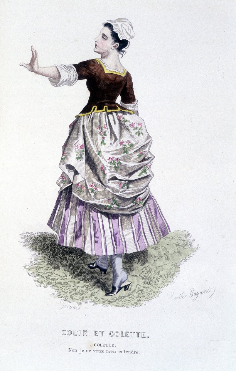 Komplett verk av Beaumarchais (1732-1799) av Edouard Fournier. teckning av Emile Bayard. Ed. Laplace, Sanchez et Cie, Paris 1876. Det här är Colette i "Colin och Colette" av Emile Antoine Bayard