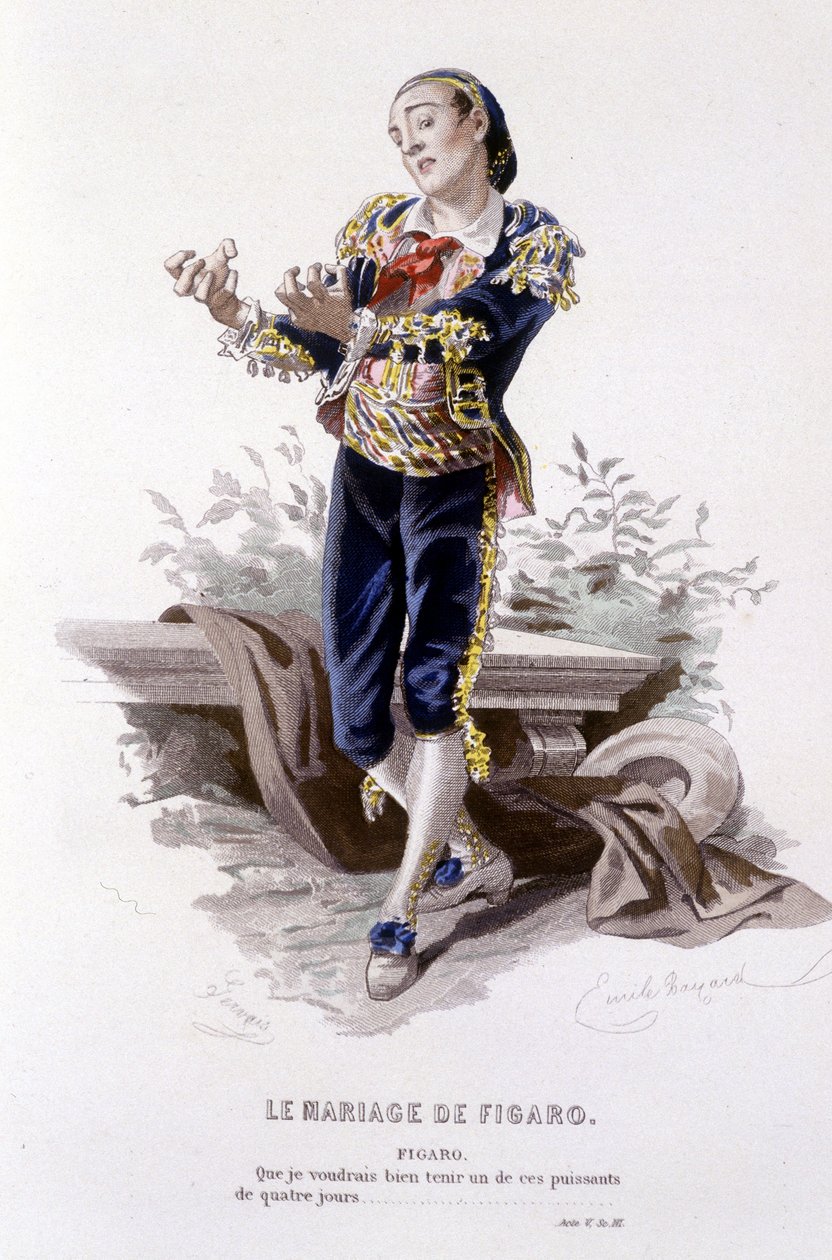 Beaumarchais (1732-1799) kompletta verk av Edouard Fournier. teckning av Emile Bayard. Ed. Laplace, Sanchez et Cie, Paris 1876. Detta är Figaro i "Figaros bröllop". av Emile Antoine Bayard