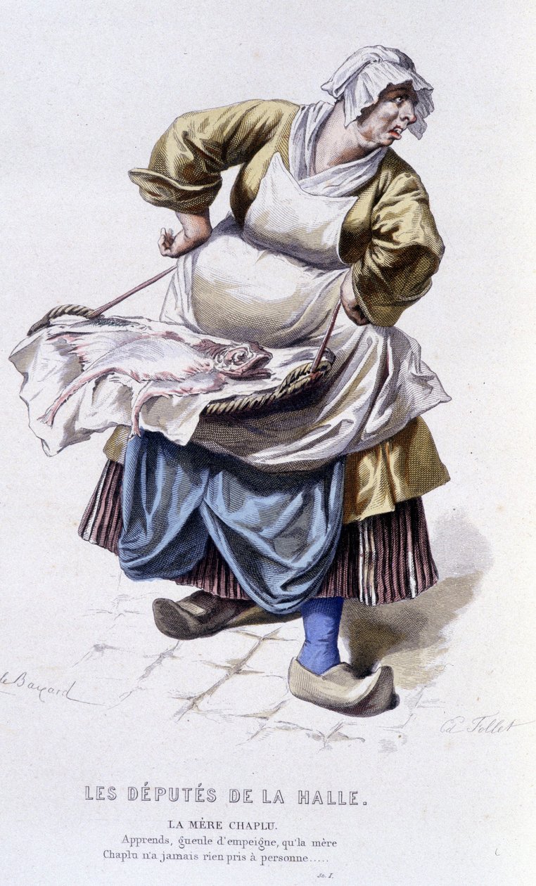 Komplett verk av Beaumarchais (1732-1799) av Edouard Fournier. teckning av Emile Bayard. Ed. Laplace, Sanchez et Cie, Paris 1876. Det här är Moder Chaplu i "The Deputies of the Hall" av Emile Antoine Bayard