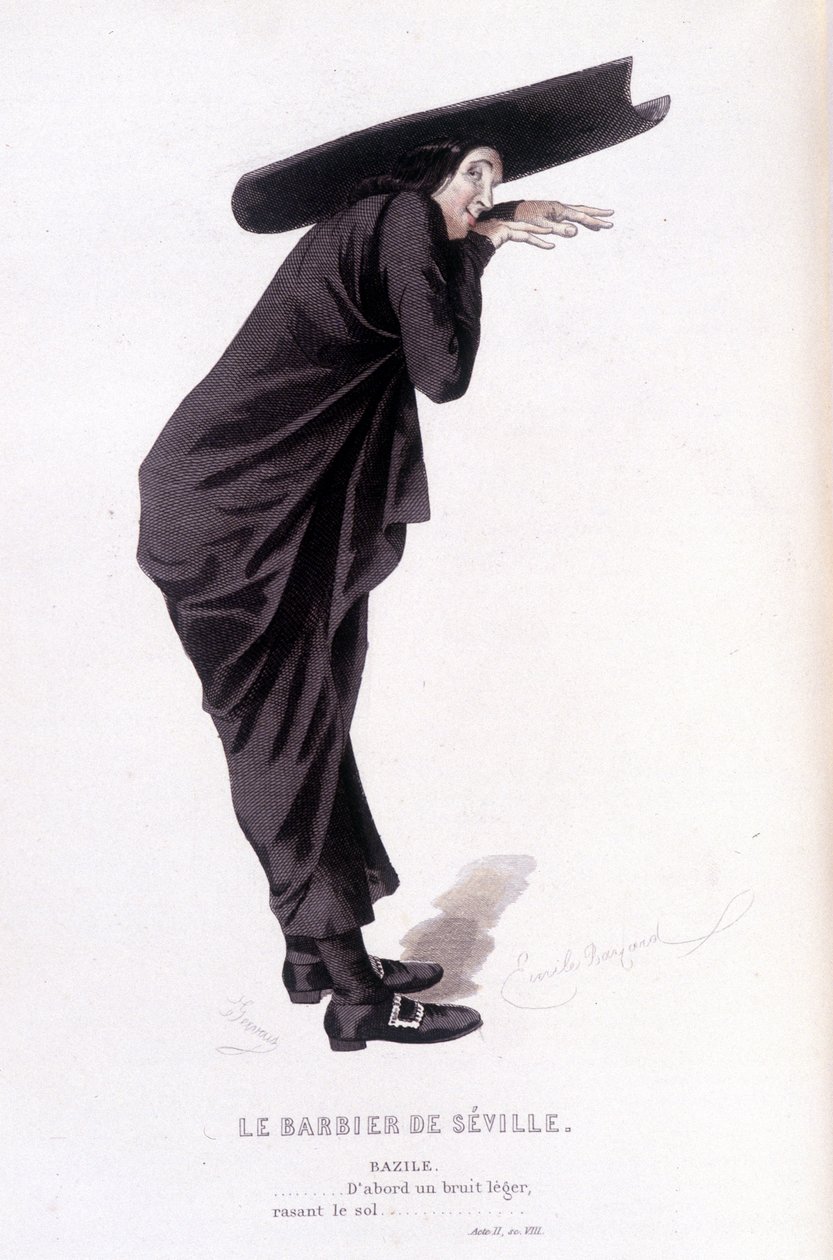 Komplett verk av Beaumarchais (1732-1799) av Edouard Fournier. teckning av Emile Bayard. Ed. Laplace, Sanchez et Cie, Paris 1876. Det här är Bazile i "Barberaren i Sevilla" av Emile Antoine Bayard