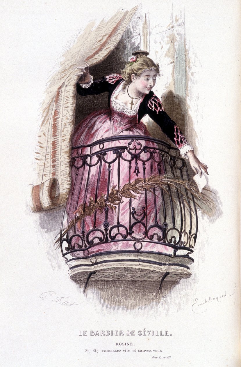 Komplett verk av Beaumarchais (1732-1799) av Edouard Fournier. teckning av Emile Bayard. Ed. Laplace, Sanchez et Cie, Paris 1876. Det här är Rosine i "Barberaren i Sevilla" av Emile Antoine Bayard