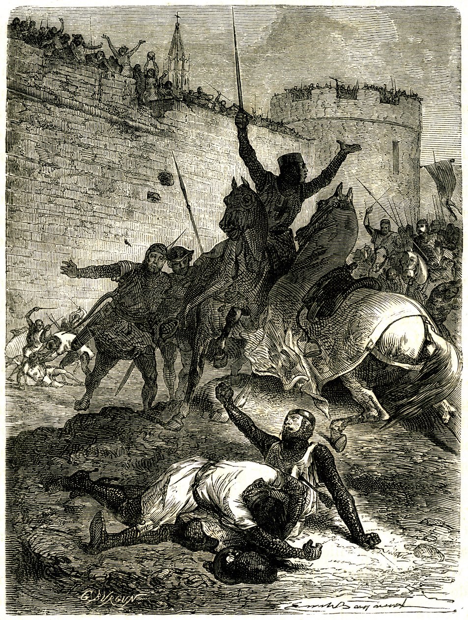 Korståg mot Albigeois - Siege of Toulouse, 25 juni 1218. Simon de Montforts bror har precis blivit skadad av en pil, Simon de Montfort själv kommer att dödas av en boll av katapultkast, sägs det, av en av kvinnorna av Toulouse som är av Emile Antoine Bayard