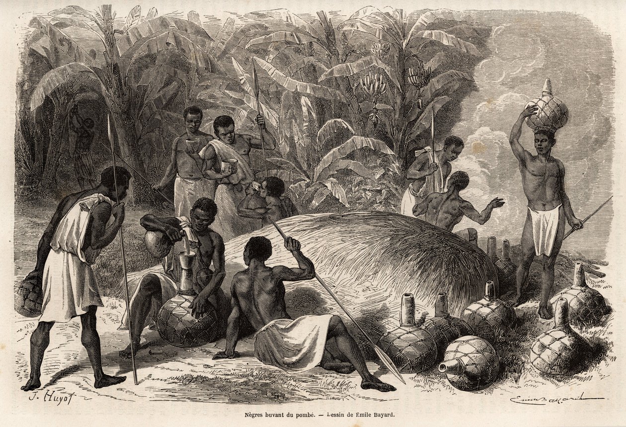 Degustation av pombe (alkoholhaltig dryck genom jäsning) i Karague (väster om Victoriasjön, i nuvarande Zimbabwe), teckning av Emile Bayard (1837-1891), som illustrerar kapten Spekes upptäcktsresa i Afrika 1860-1863. Gravyr i av Emile Antoine Bayard