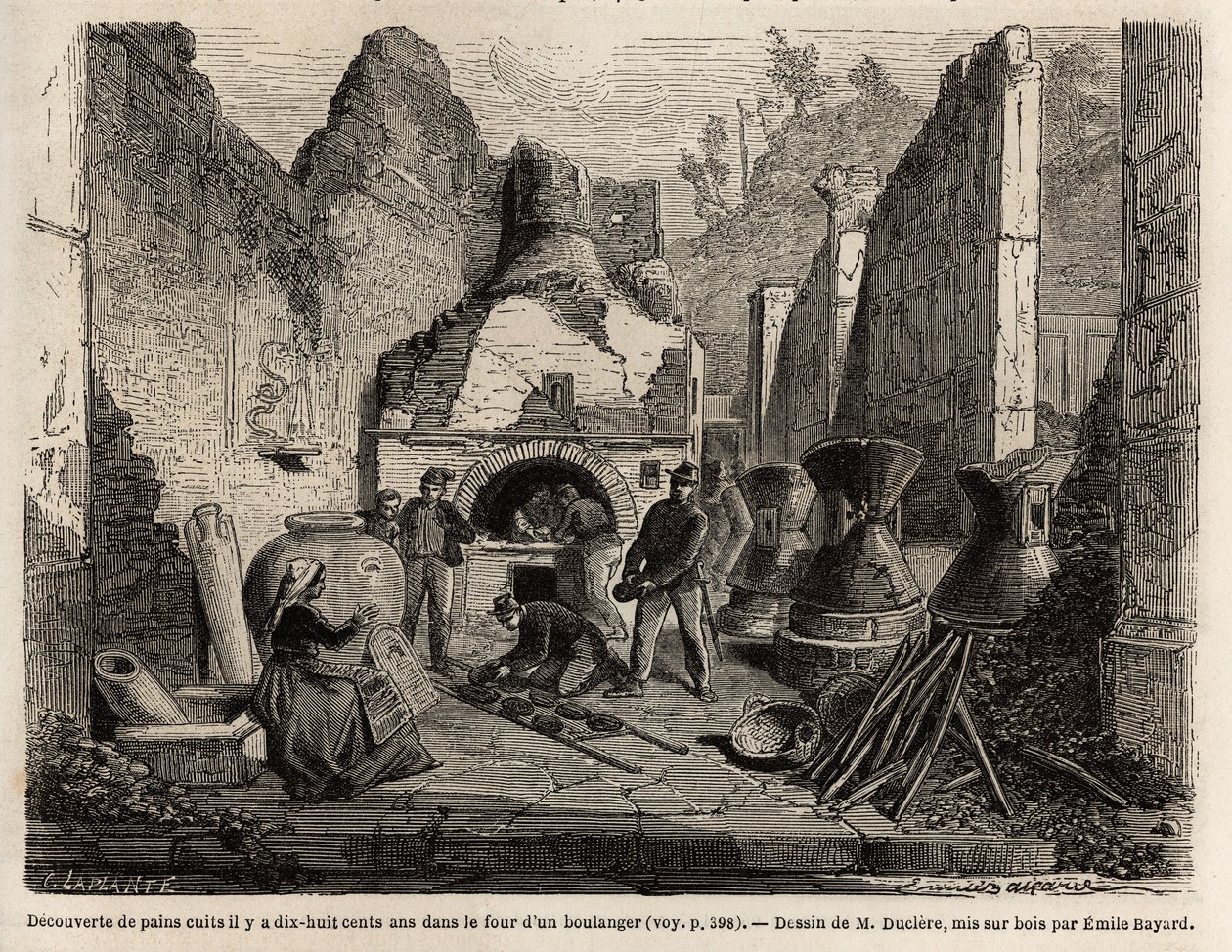 Upptäckt av en bagerugn och konserverat bröd i ask under utgrävningarna 1864 i Pompei, teckning av Emile Bayard (1837-1891), för att illustrera Marc Monniers text (1829-1885) "" Pompei och Pompeierna"". Gravyr i "" Le tour du monde", redigerad av av Emile Antoine Bayard
