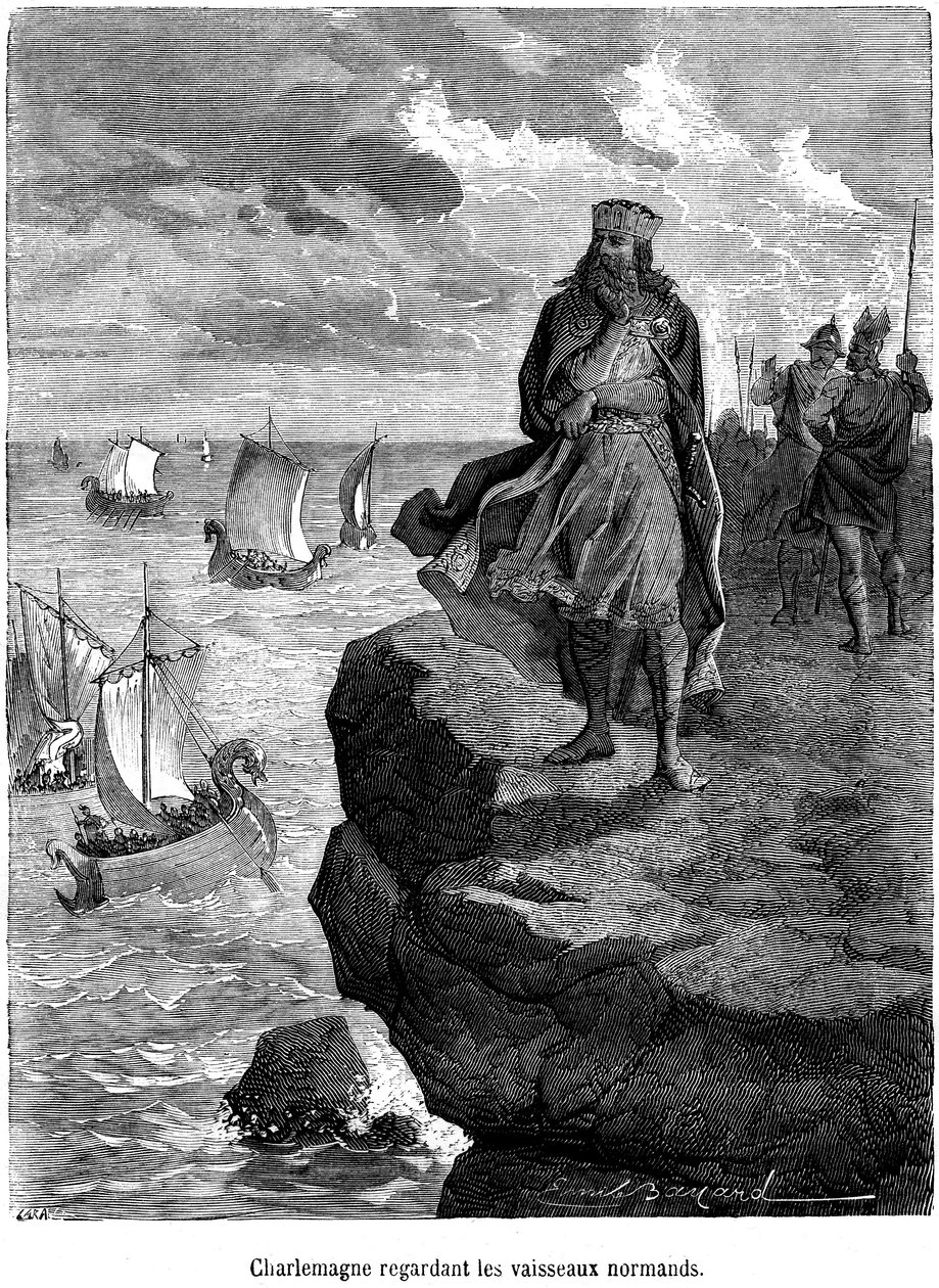 Kejsar Karl den Store tittar på ankomsten av normandiska fartyg på den franska kusten - vikingaskepp och krigare - drakkar, skandinavisk navigering, nordisk invasion - gravyr av Emile Bayard som illustrerar "Det populära Frankrikes historia av Henri Martin av Emile Antoine Bayard