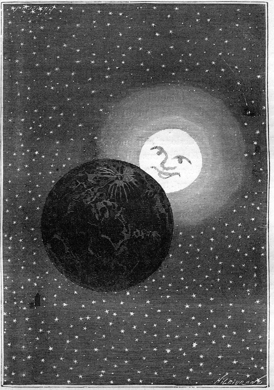 Gravyr (av Emile Bayard) av Jules Vernes bok "" Around the Moon"" (Hetzel edition/Voyages extraordinaire 1870): jorden passerar månen av Emile Antoine Bayard