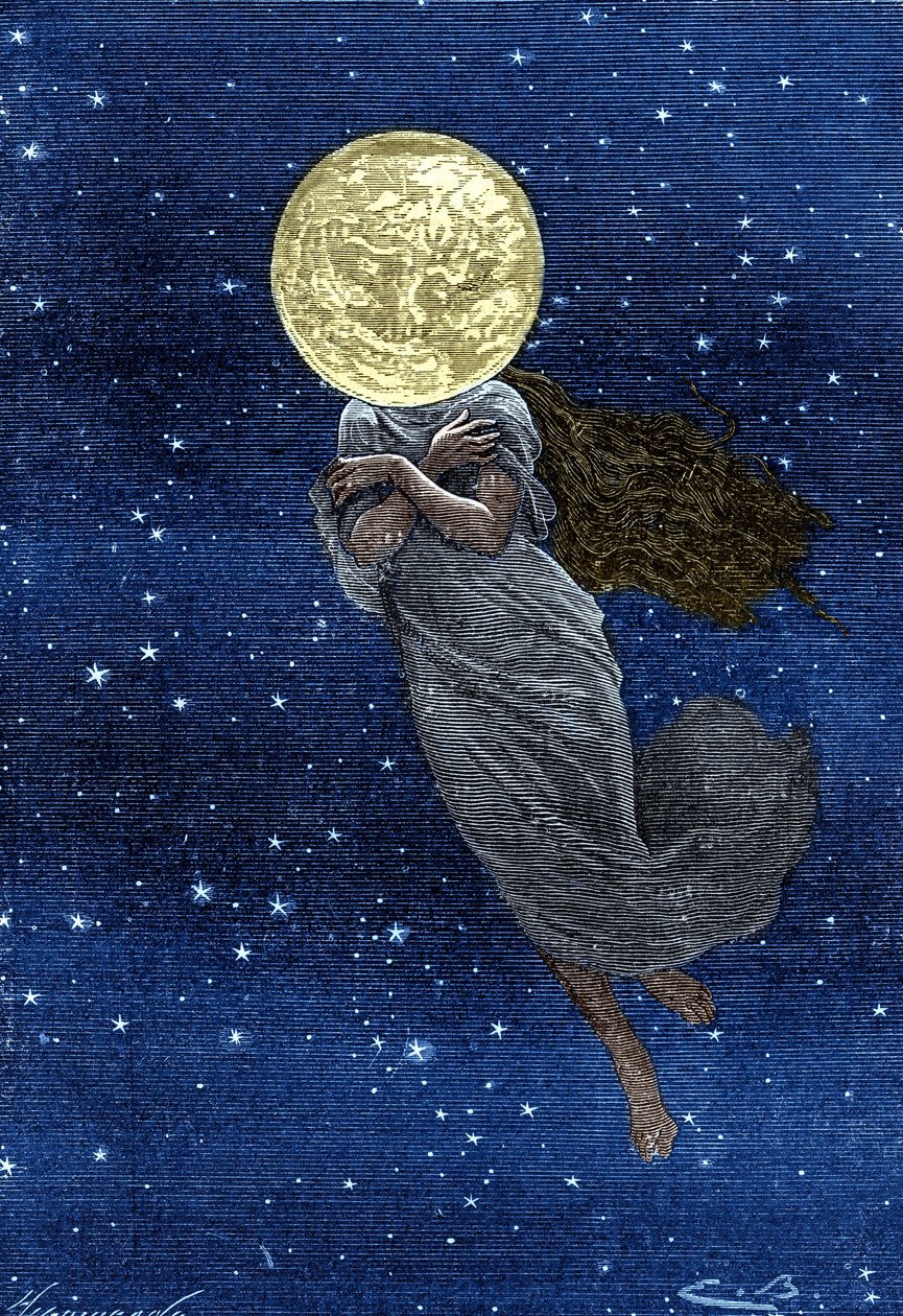 Gravyr (av Emile Bayard) av Jules Vernes bok "" Around the Moon"" (Hetzel edition/Voyages extraordinaire 1870): Beskrivning av månen tecknad med en ung kvinnas kropp (text av J. Verne): ""... uppstoppad yta, sprucken, en riktig skimmer, värdig u av Emile Antoine Bayard