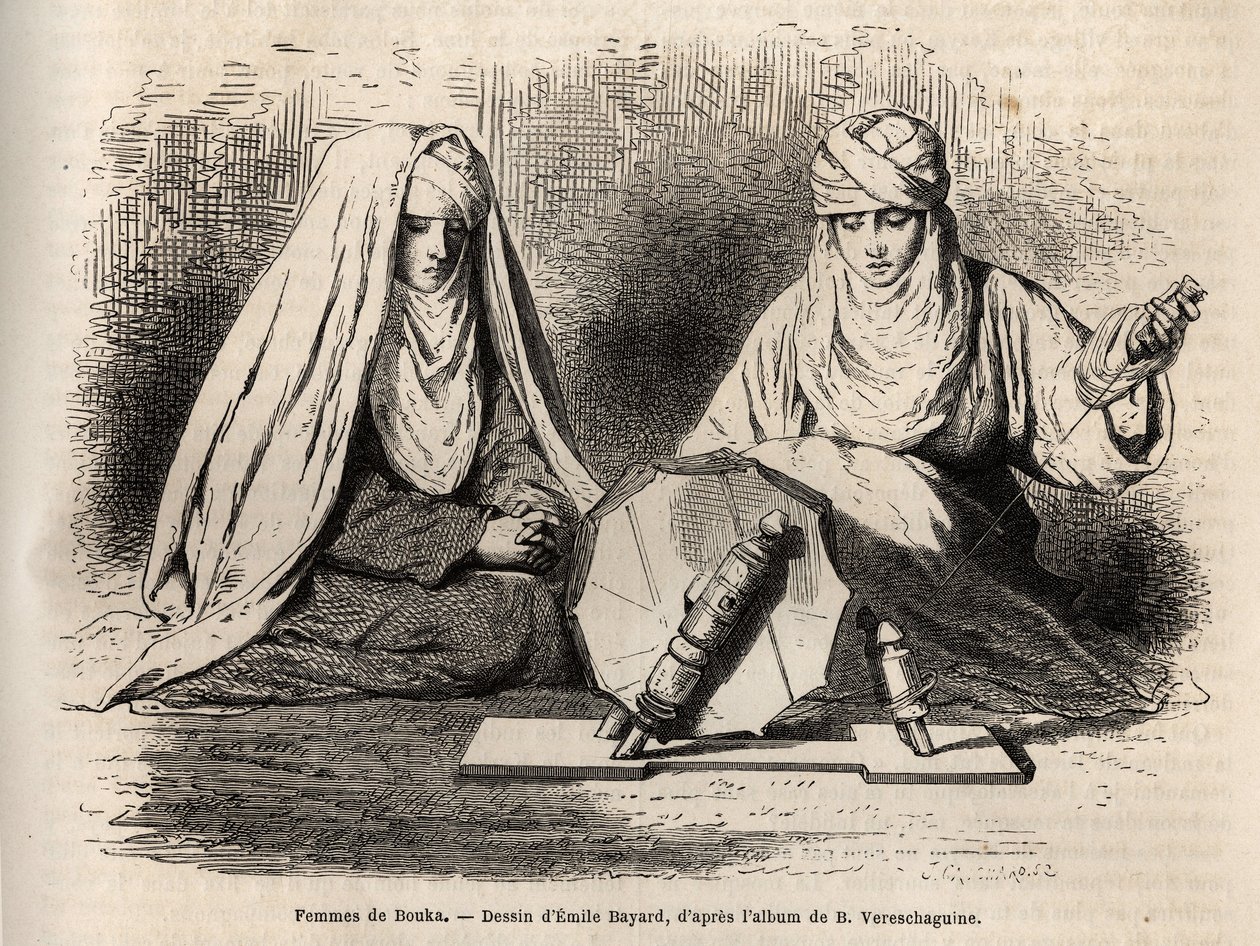 Femmes de Boukhara (Uzbekistan), som arbetar på deras arbete att spinna, gravering efter en teckning av Emile Bayard, för att illustrera Basile Vereschaguines resa in i Centralasien 1867-1868, publicerad i "" Le tour du monde"" 1873, redigerad av Edouard C av Emile Antoine Bayard