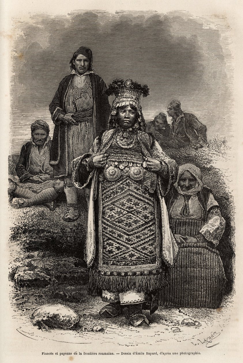 Fästmän och bönder vid de rumänska gränserna, gravyr efter teckningen av Emile Bayard, illustrerande resan till Bulgarien, av Guillaume Lejean, 1867, publicerad i "" Le tour du monde"" 1873, redigerad av Edouard Charton, Hachette-upplagan, Paris . Se av Emile Antoine Bayard