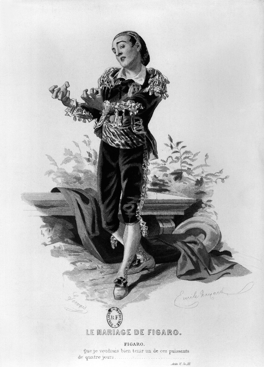 Figaro, illustration från akt V, scen 3 av "Figaros äktenskap" av Pierre Augustin Caron de Beaumarchais (1732-99) graverad av Eugene Gervais (1800-talet) av Emile Antoine Bayard