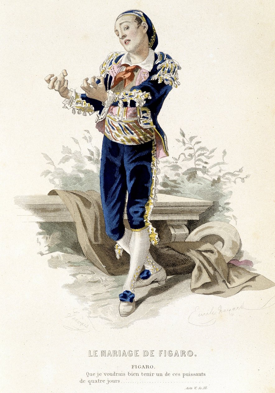 Figaro i "" The Marriage of Figaro"" - i "" Complete Works of Beaumarchais"", teckningar av Emile Bayard, red. Laplace Sanchez & cie, Paris av Emile Antoine Bayard