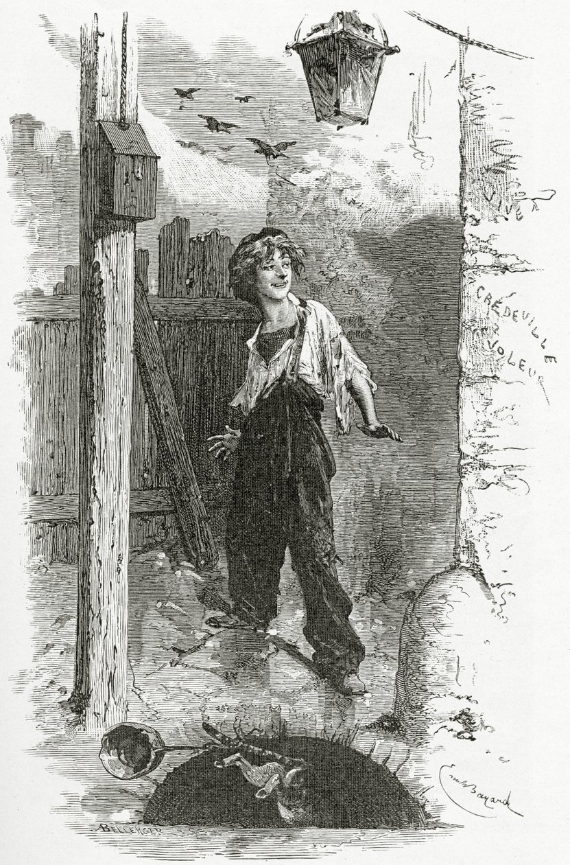 Gavroche, 1800-talet (bw gravyr) av Emile Antoine Bayard