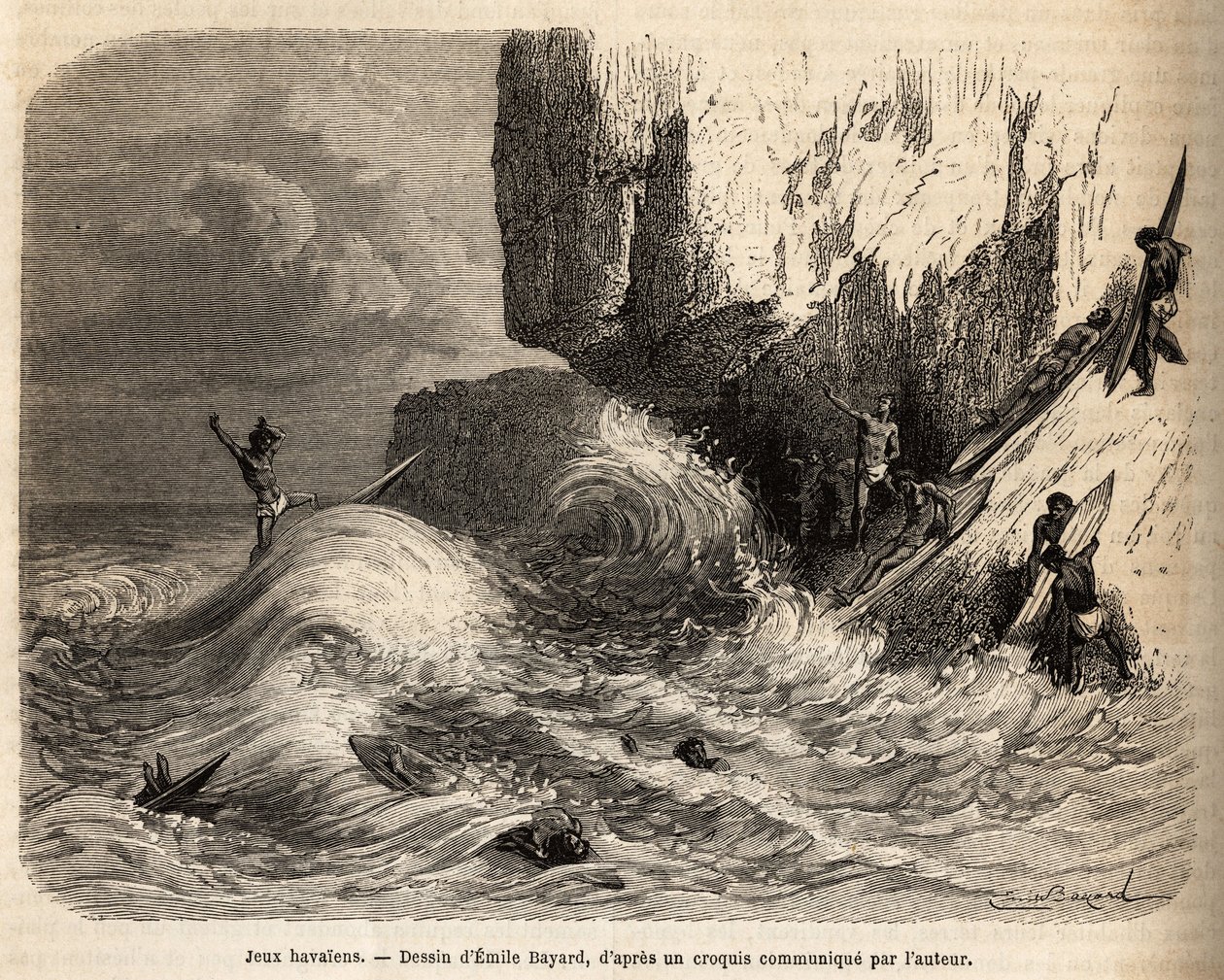 Hawaiian Games, vid branten av Mokapuu, på ön Oahu, distraherade invånarna sig själva genom att utöva sitt favoritspel: surfa, gravera efter Emile Bayards teckning, illustrera resan till Sandwichöarna, 1855-1869, av av Emile Antoine Bayard