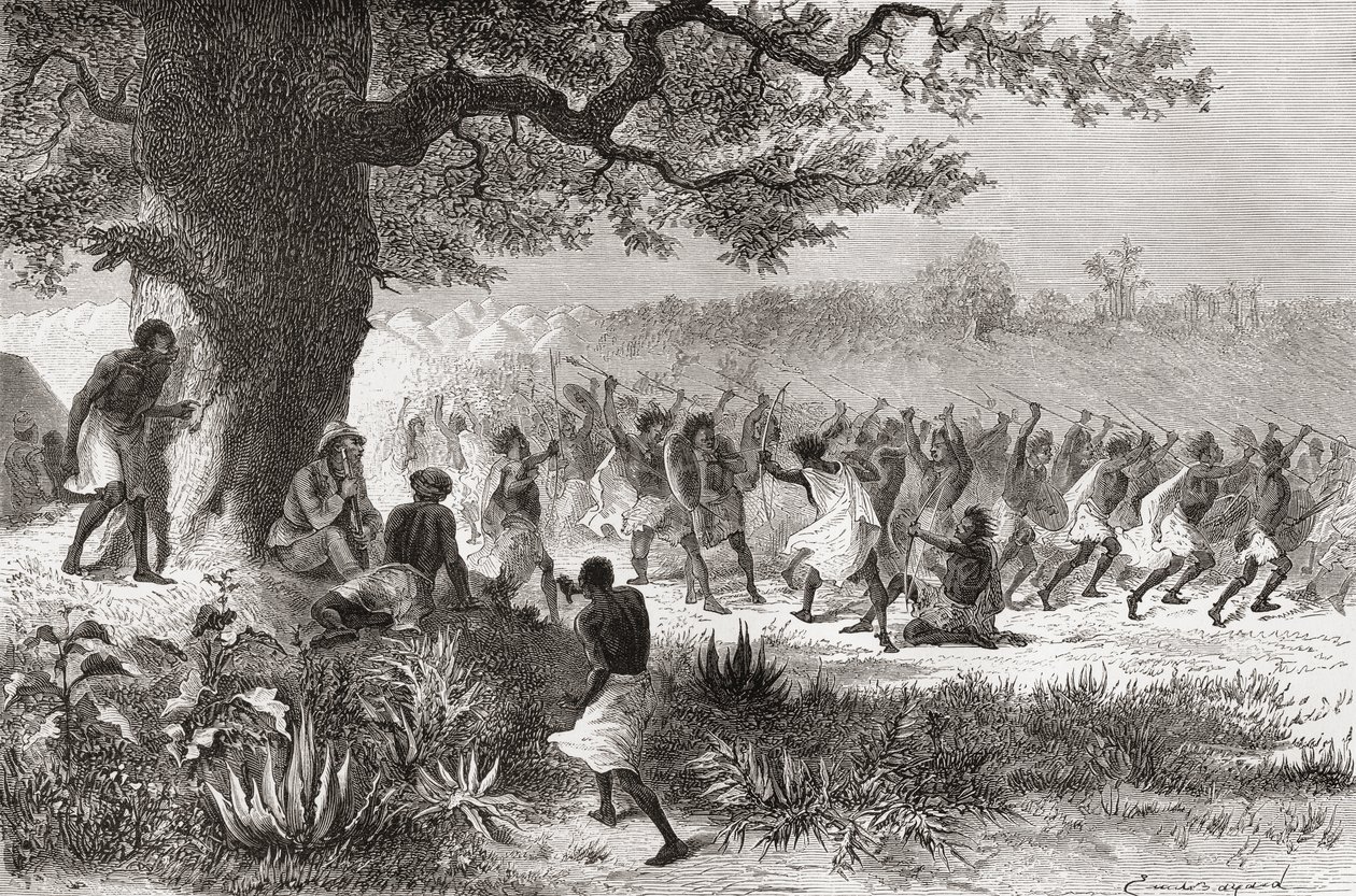 Henry Morton Stanley tittar på Vouagogos-stammen som förbereder sig för strid under sin expedition 1871, illustration från 