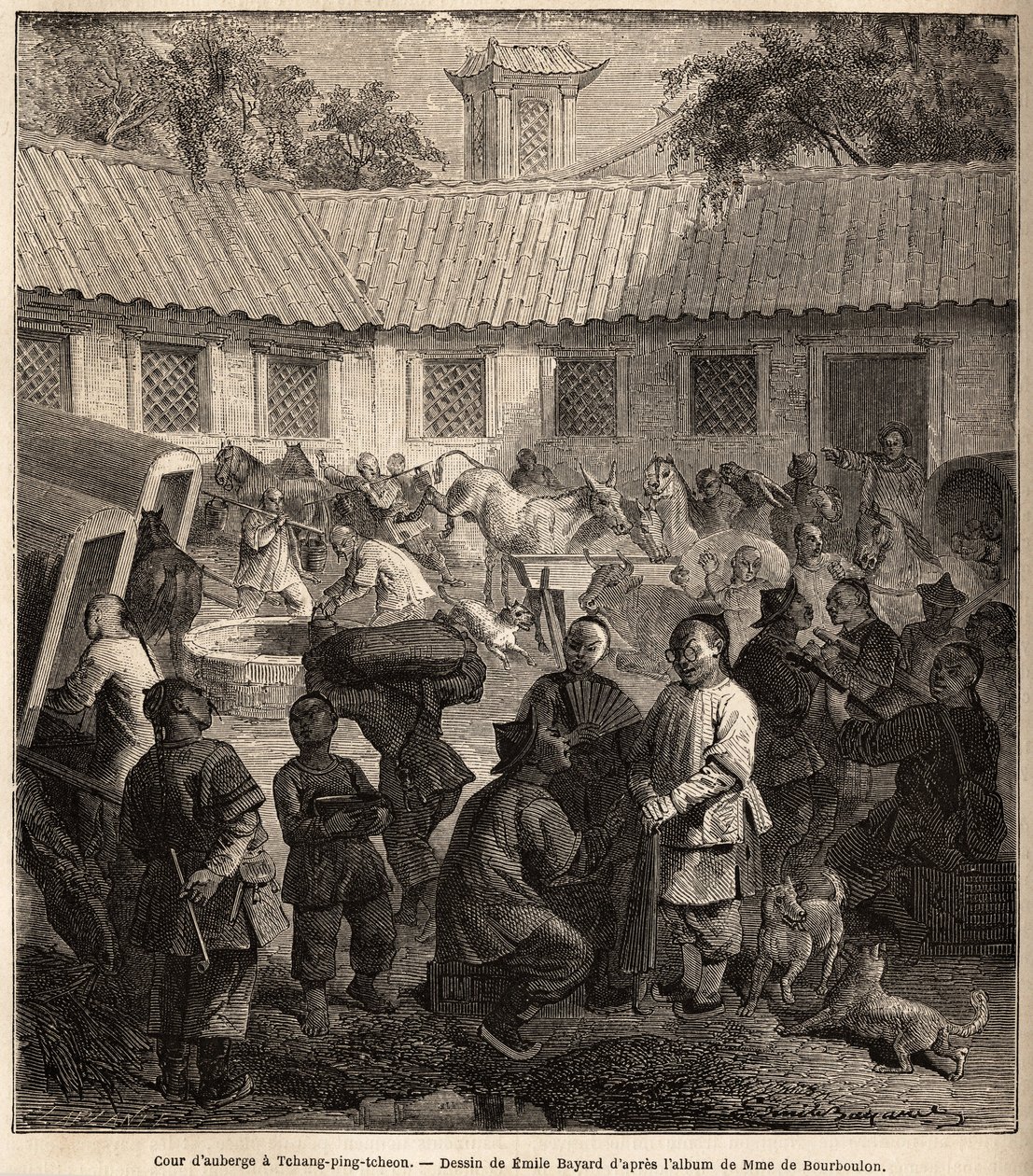 Vandrarhemsgård i Chiang Ping Cheou. Teckning av Emile Bayard (1837-1891), för att illustrera Shanghais resa till Moskva, från 1859 till 1862, av M. de Bourboulon, Frankrikes minister till Kina. Gravyr i "" Le tour du monde"", redigerad av Edouard Charton av Emile Antoine Bayard