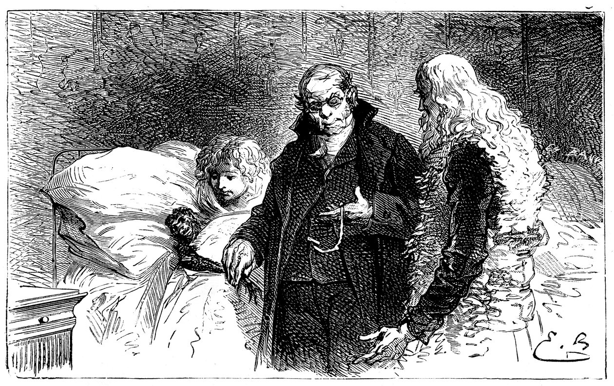 Illustration av Emile Bayard till Hector Malots roman "" Sans Famille "": Joli-Coeur (vackra hjärta), den sjuka forskarapan undersöks av en läkare (auskult av en läkare som tar kycklingen ifrån honom) i närvaro av Remi och Monsieur Vitalis - Hetze av Emile Antoine Bayard