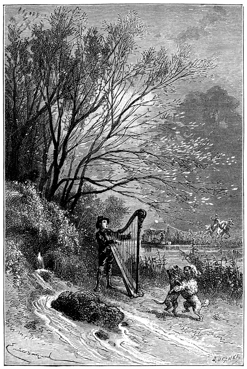 Illustration av Emile Bayard till Hector Malots roman "" Sans Famille ": Remi sjunger med harpan medan hans vänner dansar, de lärda djuren i monsieur Vitalis trupp, resande konstnär - de två hundarna Capi och Dolce - gatumusiker, saltibank av Emile Antoine Bayard