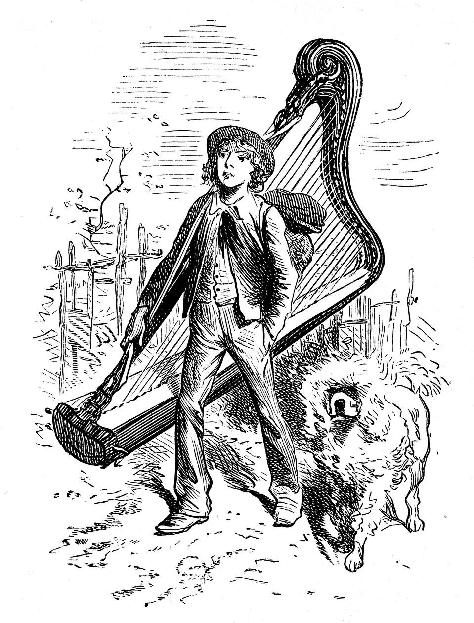 Illustration av Emile Bayard till Hector Malots roman "" Sans Famille ": Remi med sin vän hunden Capi och hans harpa - Edition Hetzel 1880 - av Emile Antoine Bayard