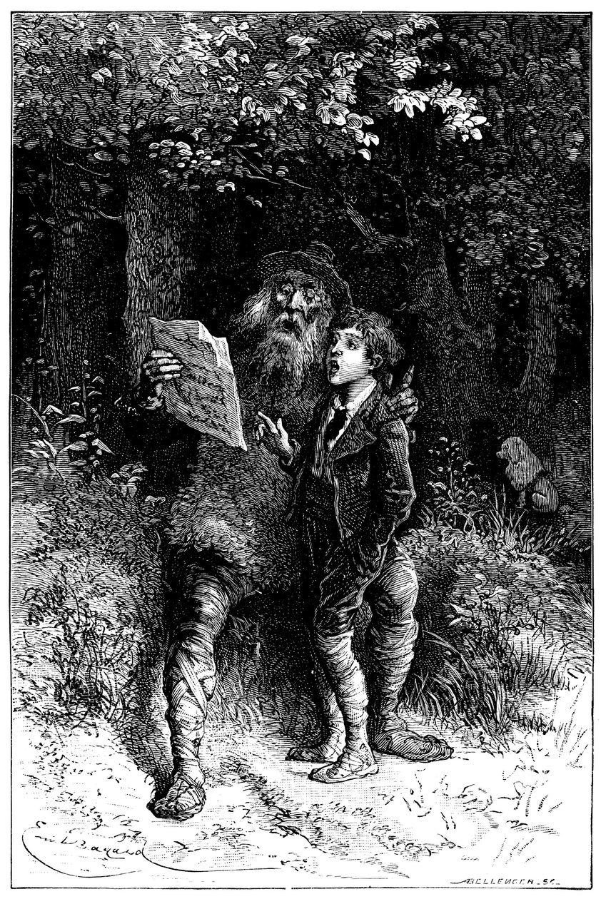 Illustration av Emile Bayard till romanen av Hector Malot "" Sans Famille ": Remi sjunger med Monsieur Vitalis, resande artist - gatumusiker, saltimbank - Edition Hetzel 1880 - av Emile Antoine Bayard