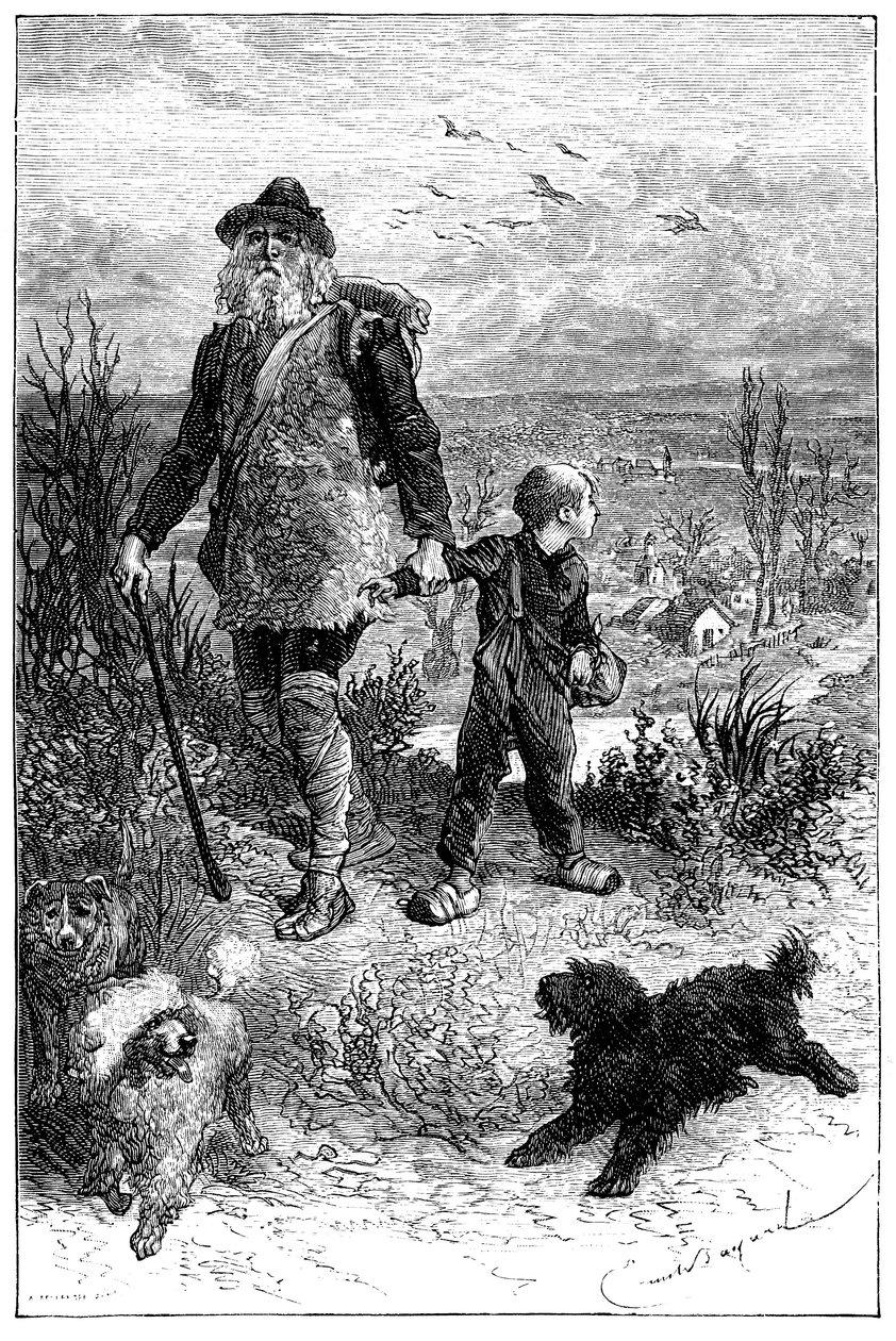 Illustration av Emile Bayard till Hector Malots roman "Utan familj": Remi lämnar Monsieur Vitalis, resande konstnär och hans lärda djur, de tre hundarna Capi, Zerbino och Dolce - Edition Hetzel 1880 - av Emile Antoine Bayard