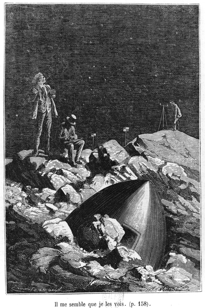 Illustration från "Från jorden till månen" av Jules Verne (1828-1905) Paris, Hetzel, publicerad 1865 av Emile Antoine Bayard