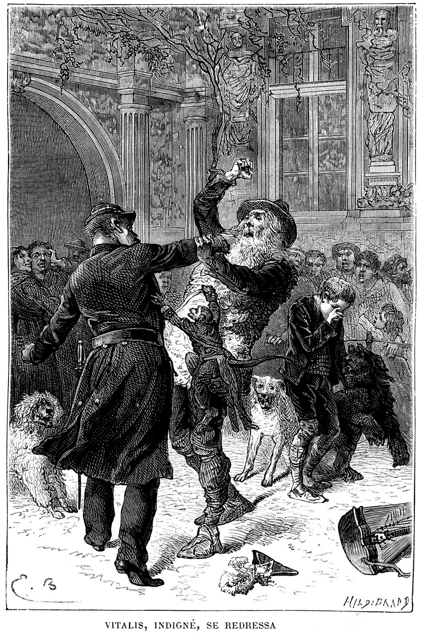 Illustration av Emile Bayard för Hector Malots roman "" Sans Famille ": i Toulouse arresteras Monsieur Vitalis, ovärdig, av en polis inför Remi och hans vänner, truppens lärda djur: Joli-Coeur (snyggt hjärta) ), apan en av Emile Antoine Bayard