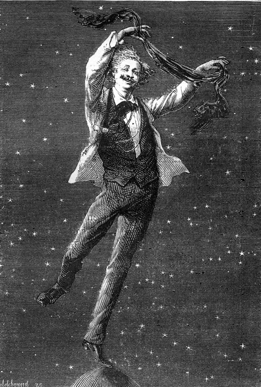 Illustration av Jules Vernes roman "Around the Moon", teckning av Emile Bayard, Hetzel edition/Voyages extraordinaire 1870. Denna illustration belyser inspirationsförhållandet mellan de två romanerna "lunar"" av Jules Verne och de två albumen av T. av Emile Antoine Bayard