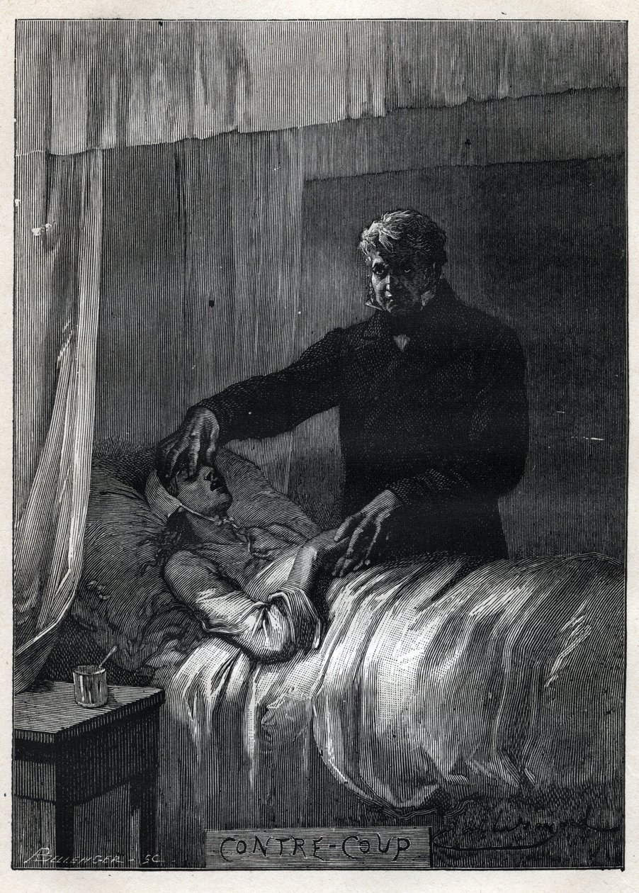 Jean Valjean Closes the Eyes of Dead Fantine - Illustration av Emile Bayard (1837-1891) för "The Miserables - First Part: Fantine" av Victor Hugo (1802-1885) 1862 av Emile Antoine Bayard