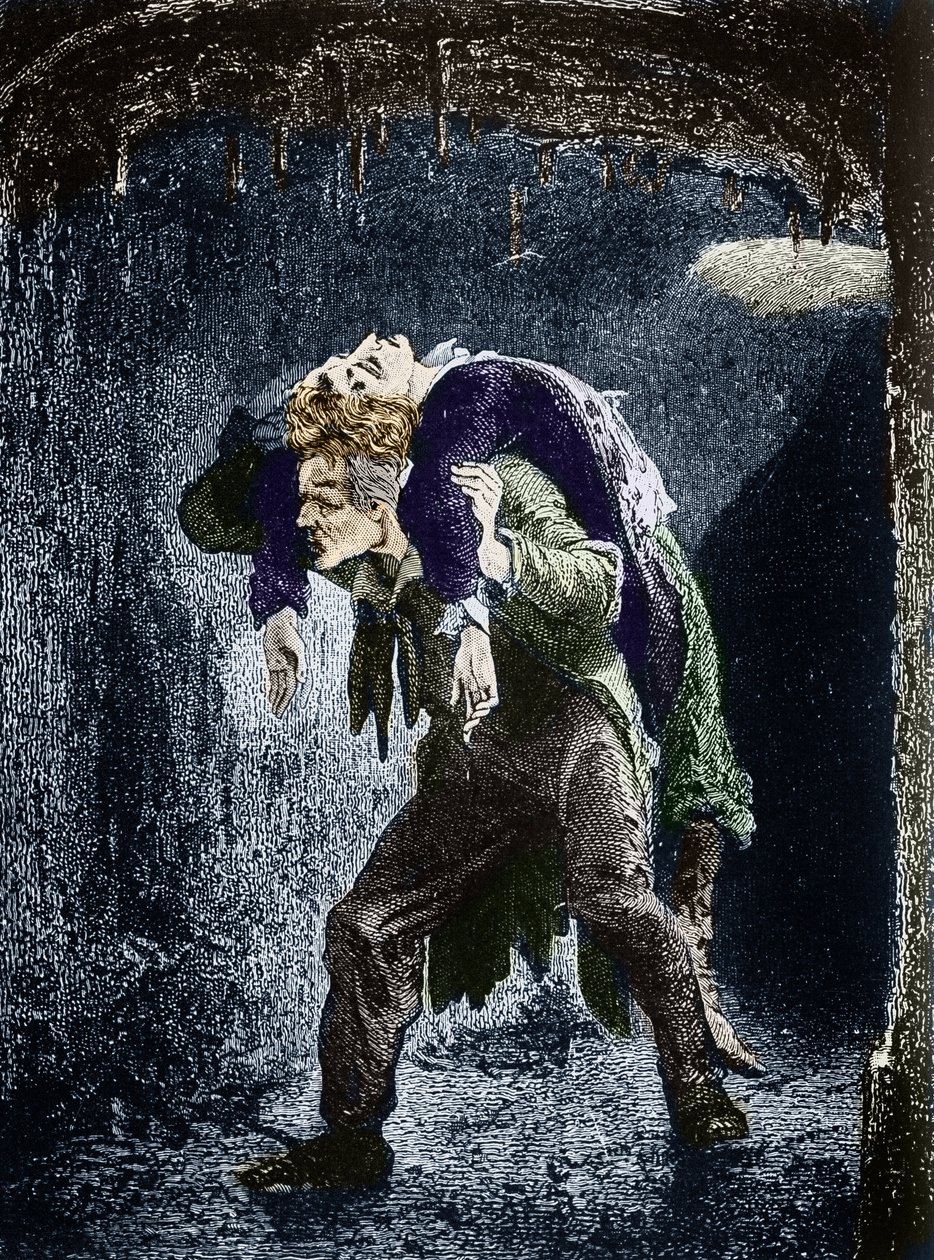 Jean Valjean, Marius skadad på rygg, på flykt i Paris vatten Illustration av romanen "Les Miserables" av Victor Hugo (1802-1885) Illustration av Emile Bayard - (Jean Valjean tar med sig Marius på ryggen, genom kloakerna i Paris) Gravyr Pr av Emile Antoine Bayard