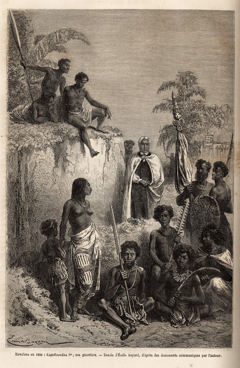 Kamehameha I (ca. 1758-1819), kung av Hawaiiöarna och grundare av deras enhet, omgiven av Hawaiikrigare och några undersåtar i Honolulu, gravyr efter teckning av Emile Bayard, som illustrerar resan till Sandwichöarna, 1855-69, av C av Emile Antoine Bayard