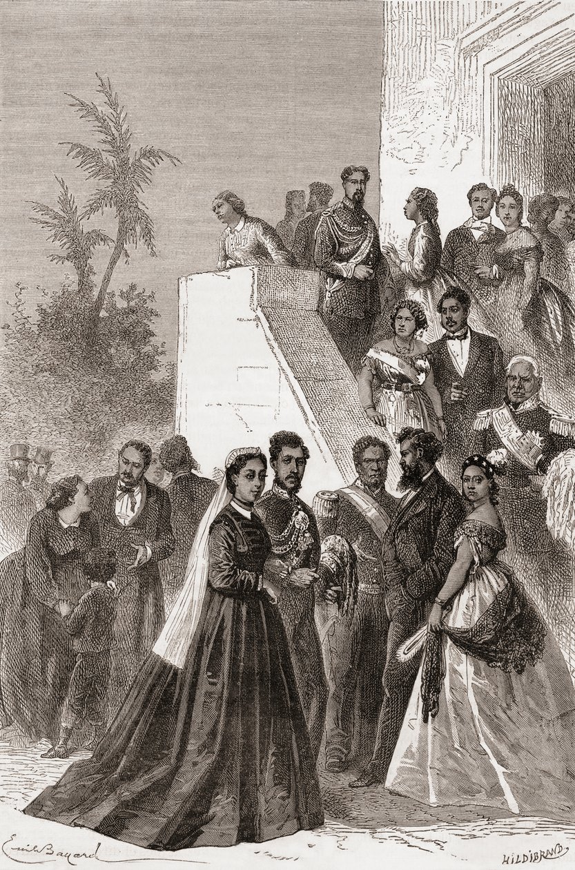 Kamehameha V, mitten, med sin familj, illustration från 