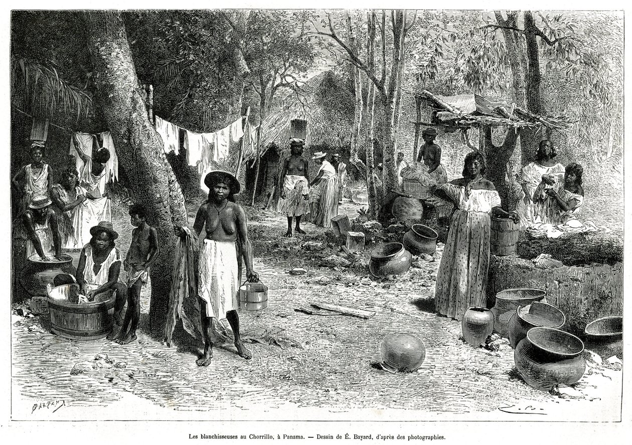 Les blanchisseuses au Chorillo, Panama, gravyr efter en teckning av E.Bayard, för att illustrera berättelsen Exploration at the isthms of Panama and Darien, av A. Reclus, fartygslöjtnant, från 1876 till 1878, publicerad i tour du monde, under ledning av Emile Antoine Bayard