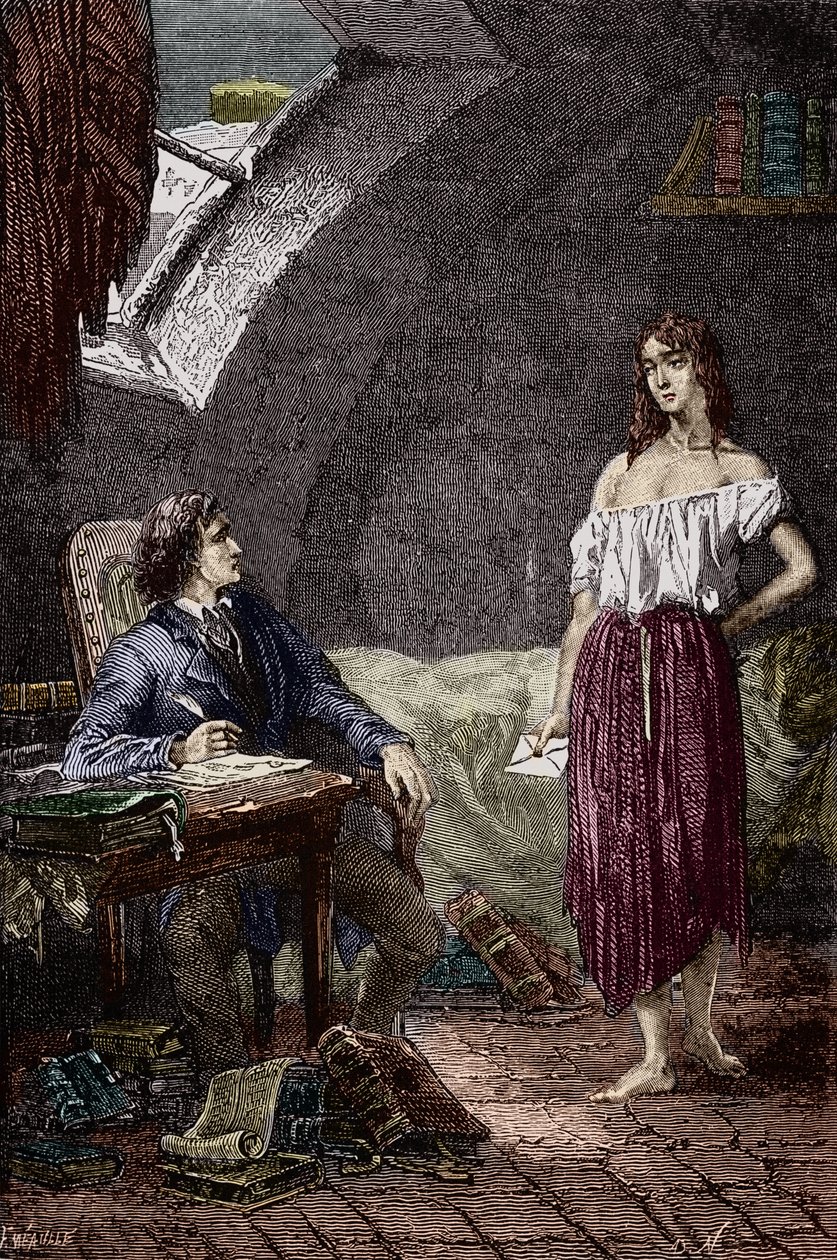 Marius och Eponine, äldre dotter till Thenardiererna och förälskade i Marius Illustration av romanen "Les Miserables" av Victor Hugo (1802-1885) Illustration av Emile Bayard - (Eponine Thenardier (Jondrette flicka) och Marius) Gravyr Privat samling av Emile Antoine Bayard