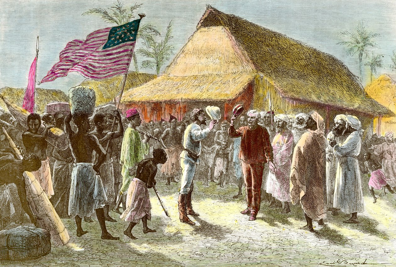 Möte i Ujiji vid Tanganyikasjöns strand mellan Henry Morton, en exploderande och journalist från Wales (1841-1904) och David Livingstone, en skotsk missionärsutforskare på den afrikanska kontinenten (1813-1873), den 10 november av Emile Antoine Bayard
